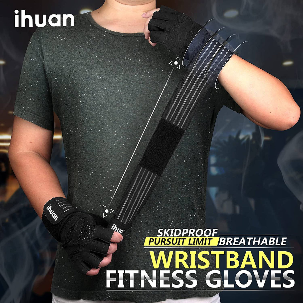 ihuan - Guantes ventilados para levantamiento de pesas, gimnasio, entrenamiento, con muñequera, para hombres y mujeres