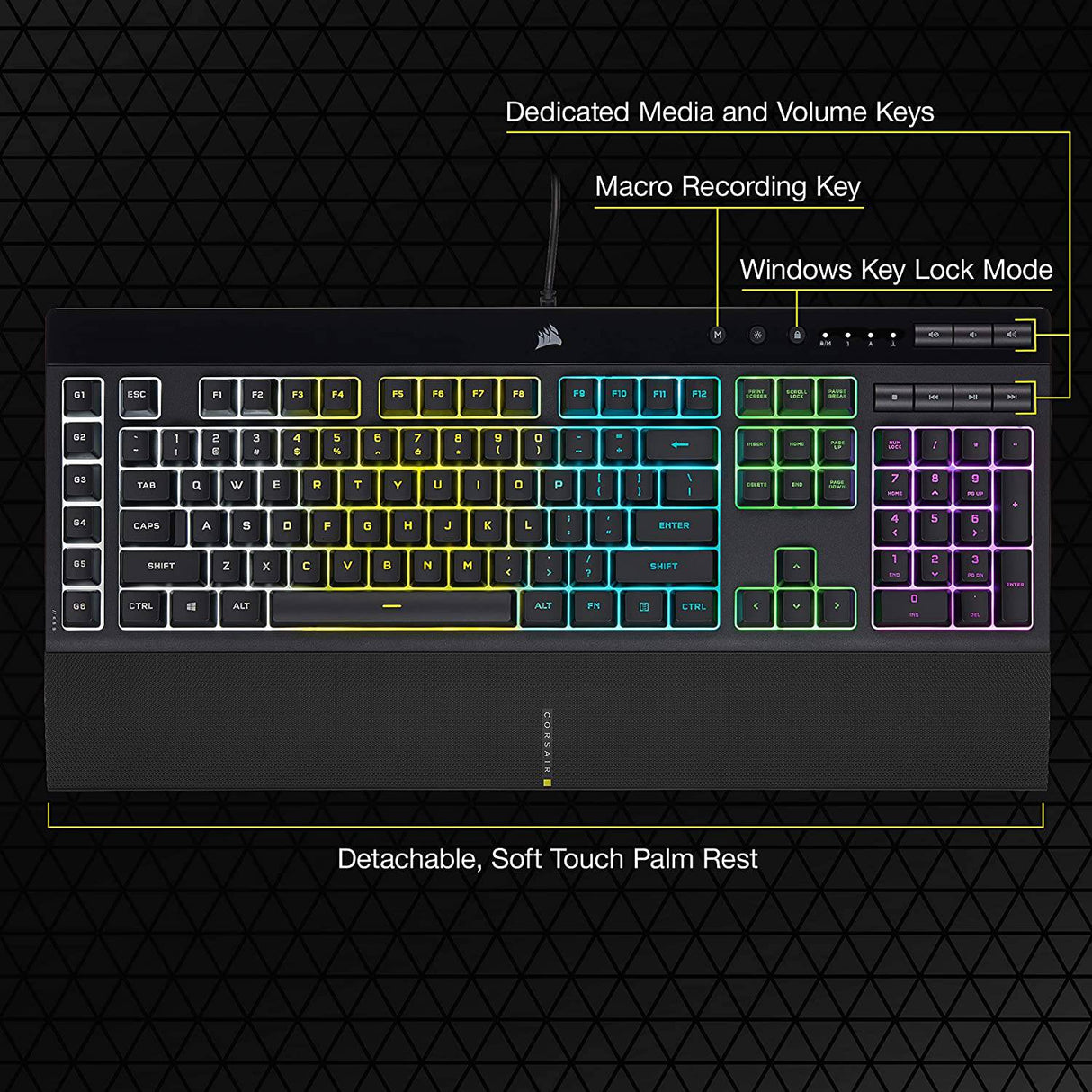 CORSAIR K55 RGB PRO-Dynamic RGB Retroiluminación - Seis teclas macro con integración de software Elgato Stream Deck - IP42 resistente al polvo y derrames - Reposamanos desmontable - Teclas de volumen y medios dedicados, negro