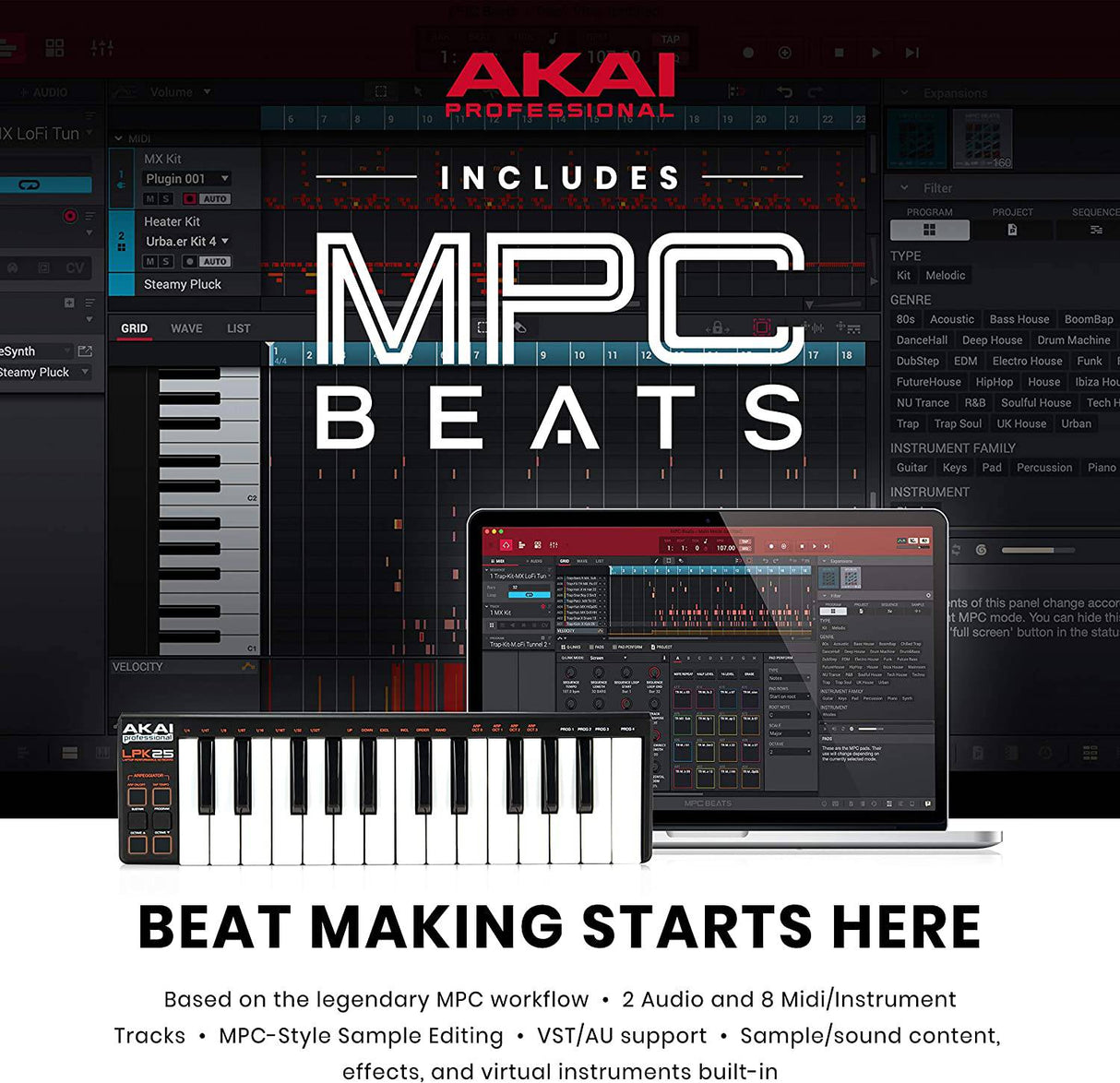 AKAI Professional LPK25 - Controlador de teclado USB MIDI con 25 teclas de acción de sintetizador sensibles a la velocidad para portátiles (Mac y PC), software de edición incluido, multicolor