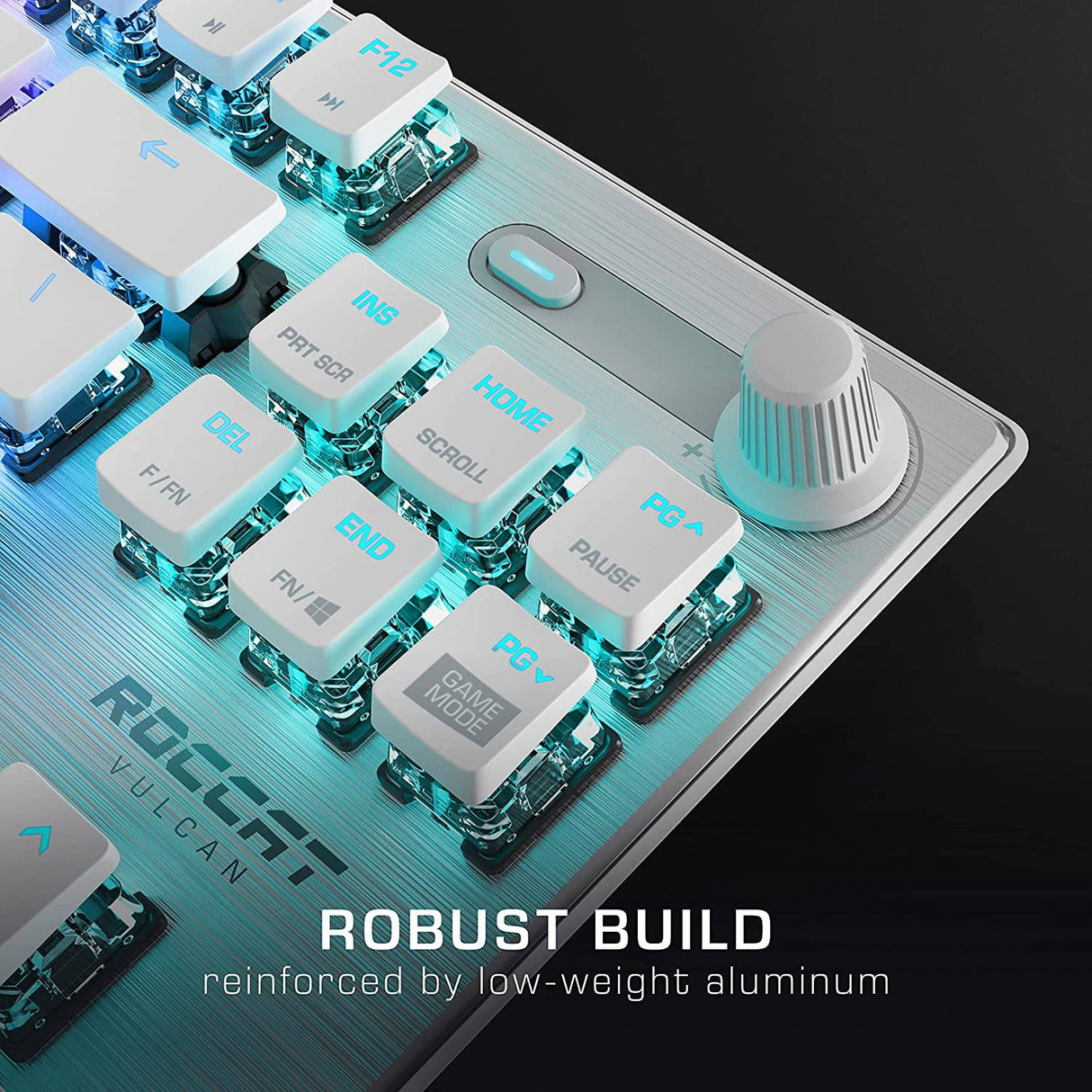 ROCCAT Vulcan TKL Pro PC Gaming Keyboard, Linear Optical Titan Switch, AIMO RGB Lighting, Tenkeyless Mechanical Feel Speed Keystroke, diseño ergonómico de perfil bajo para soporte de reposamuñecas, blanco