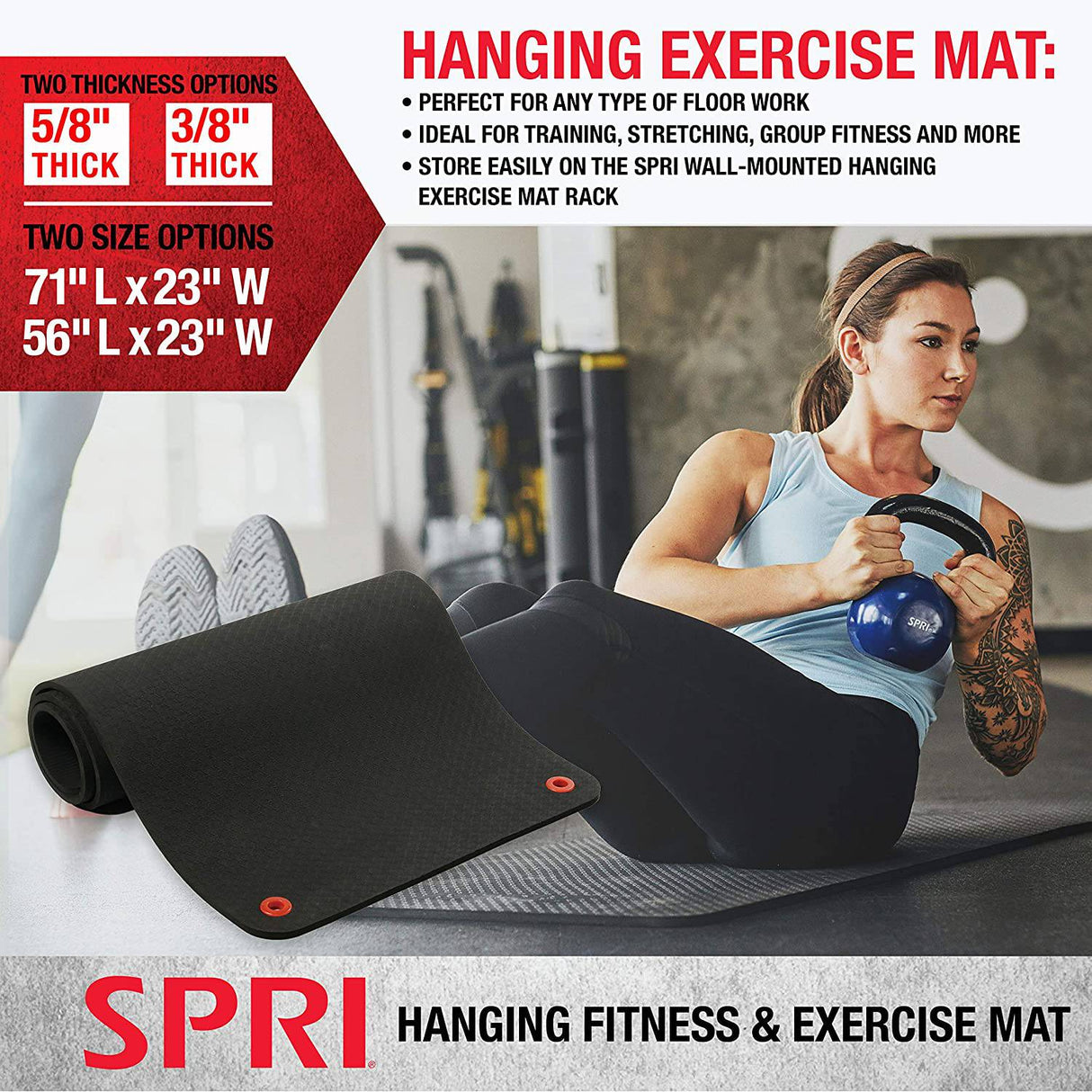 SPRI Colchoneta de ejercicios colgante, colchoneta de fitness y yoga para clases de fitness grupales, calidad de grado comercial con orificios reforzados. 56" L x 23" W x 3/8" (Black)