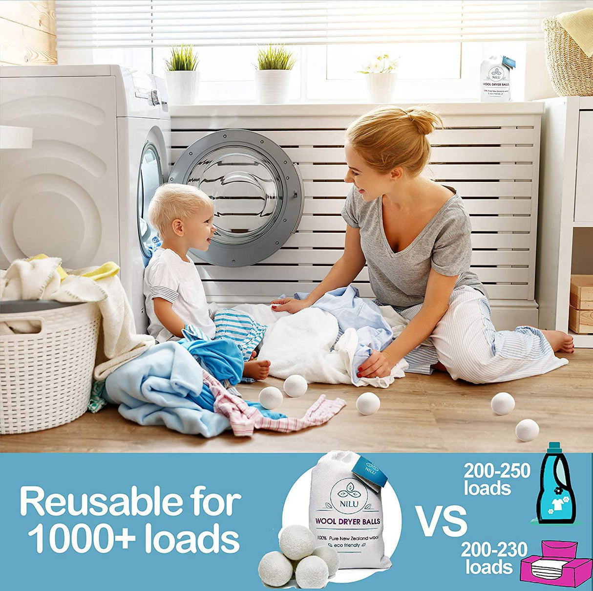 Nilu Bolas de lana para secadora, paquete de 6, tamaño XL, reutilizables, 100 % orgánicas de lana de cordero de Nueva Zelanda de primera calidad, suavizante de tela natural para la colada, reduce las arrugas y antiestático, hipoalergénico, sin químicos - DIGVICE MX