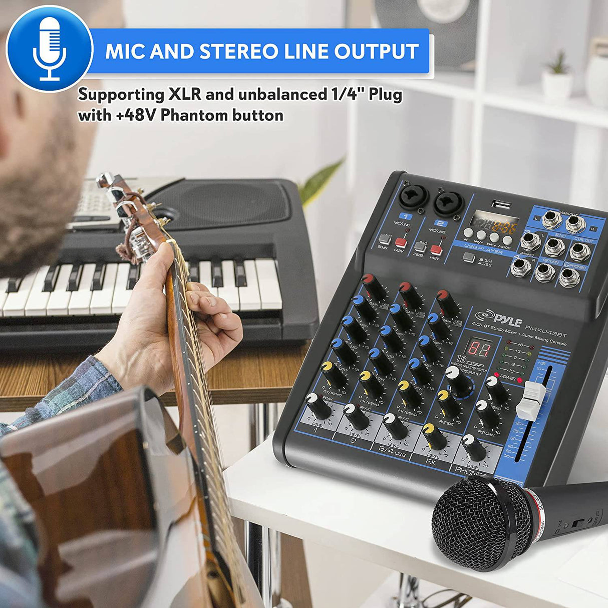 Pyle Mezclador de audio profesional Placa de sonido Interfaz de sistema de consola 4 canales Digital USB Bluetooth MP3 Entrada de computadora 48V Phantom Power Estéreo DJ Studio Streaming FX Procesador DSP de 16 bits-PMXU43BT