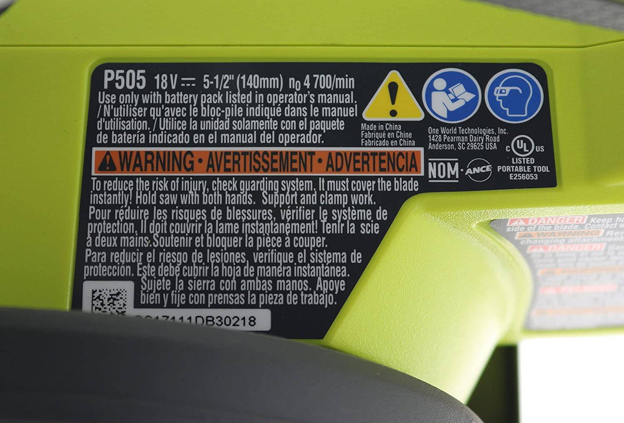 Ryobi One P505 Sierra circular inalámbrica de iones de litio de 18 V, 5 1/2" y 4700 RPM (batería no incluida, solo herramienta eléctrica), verde - DIGVICE MX