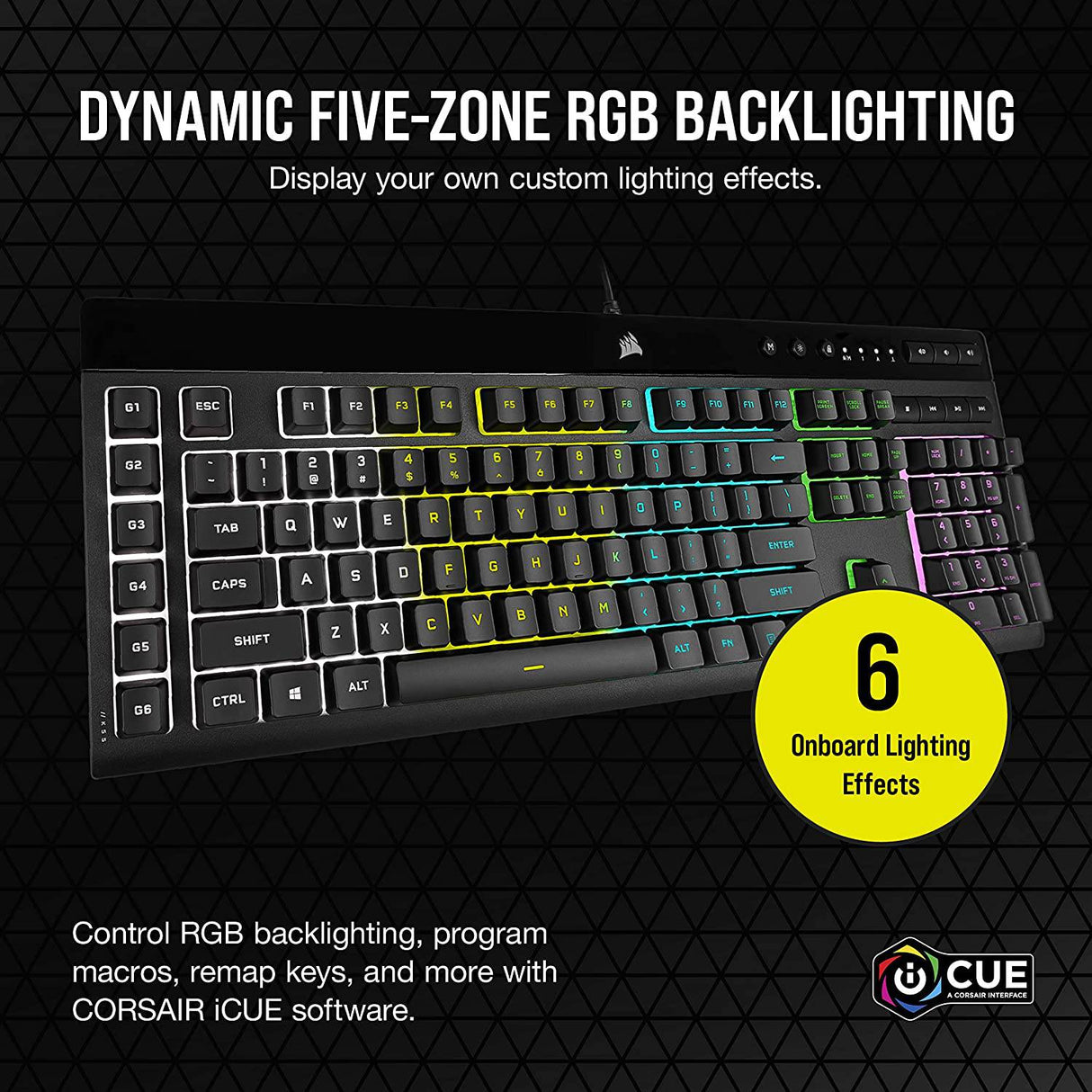 CORSAIR K55 RGB PRO-Dynamic RGB Retroiluminación - Seis teclas macro con integración de software Elgato Stream Deck - IP42 resistente al polvo y derrames - Reposamanos desmontable - Teclas de volumen y medios dedicados, negro