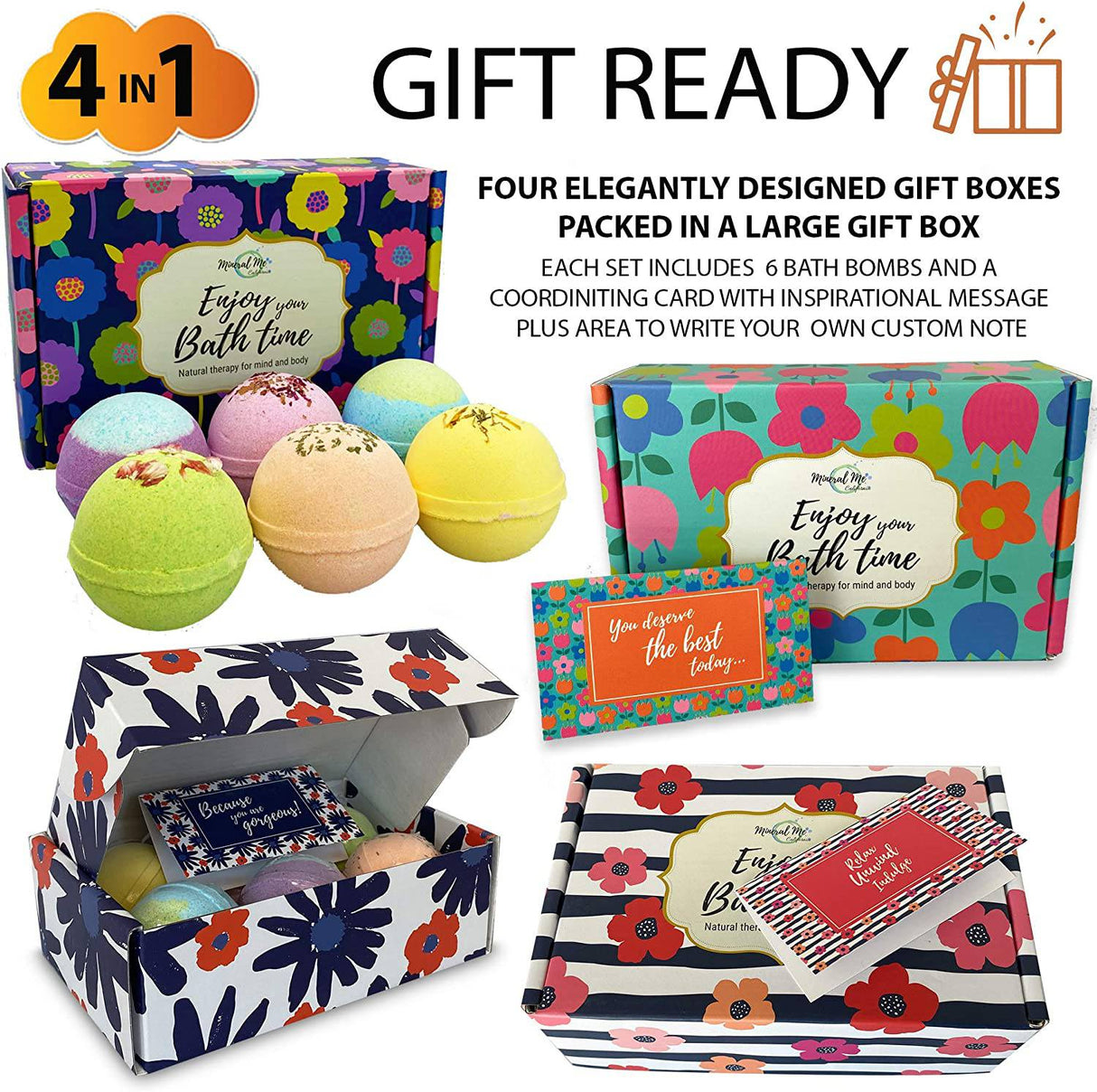 MINERAL ME - Bombas de baño para mujeres - 24 bombas de baño totalmente naturales con aceites esenciales orgánicos, manteca de karité hidratante y sales de baño para relajación y alivio del estrés - Set de regalo de bombas de baño