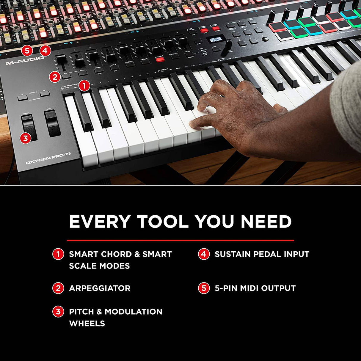M-Audio Oxygen Pro 49 - Controlador de teclado MIDI USB de 49 teclas con Beat Pads, perillas asignables MIDI, botones y faders y paquete de software incluido