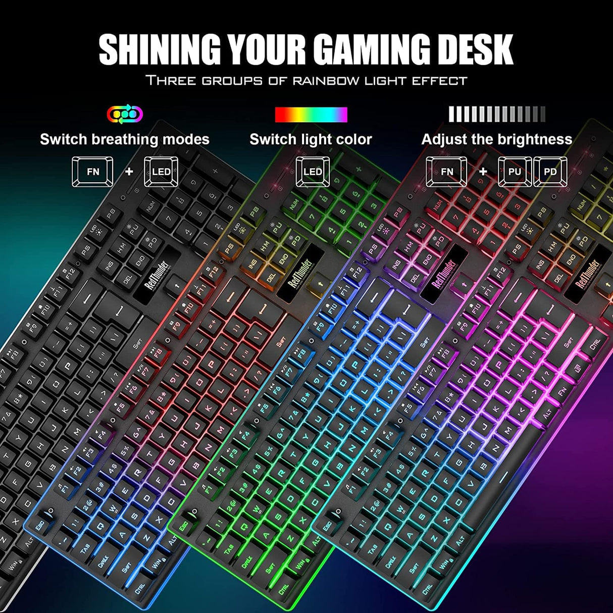 RedThunder K10 Combo de teclado y mouse inalámbricos para juegos, batería recargable con retroiluminación LED de 3800 mAh, teclado mecánico anti-fantasma + ratones 7D 3200DPI para PC Gamer (negro)
