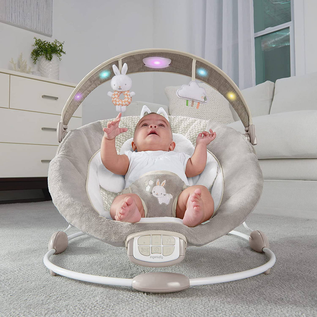 Ingenuity InLighten Baby Bouncer Seat con Light Up Toy Bar y Bunny Tummy Time Pillow Mat - Twinkle Tails, recién nacido y más - DIGVICE MX