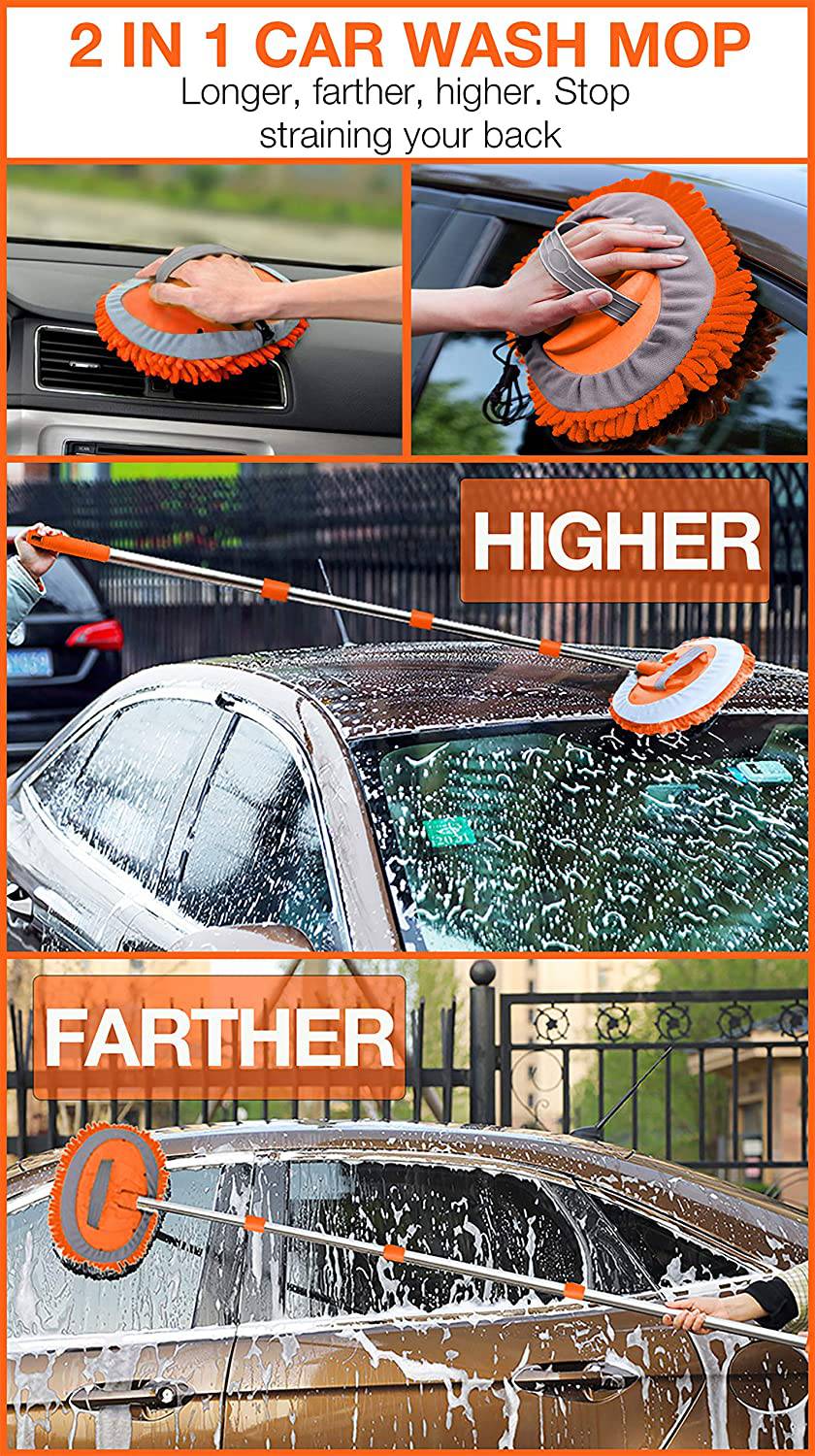 WillingHeart - Manopla de cepillo para fregona de lavado de coches de 63 pulgadas con mango largo más adecuado para lavar coches americanos, camiones, SUV, RV, remolques