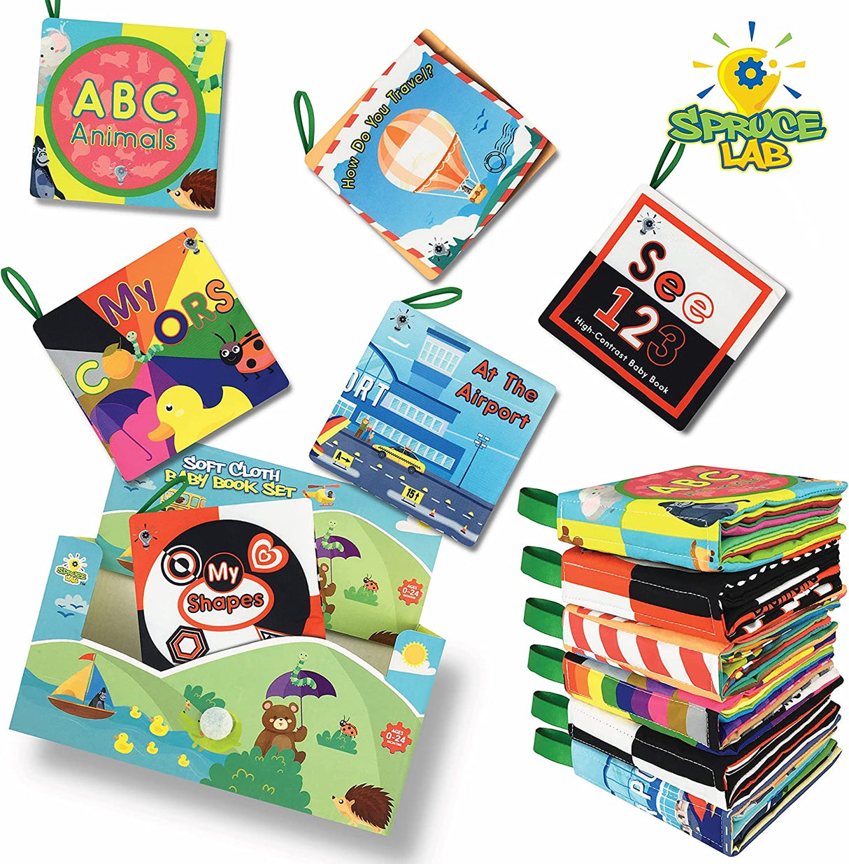 Spruce Lab - Libros educativos suaves para bebés, juego de 6 libros de tela, desarrollo sensorial - SLCB1