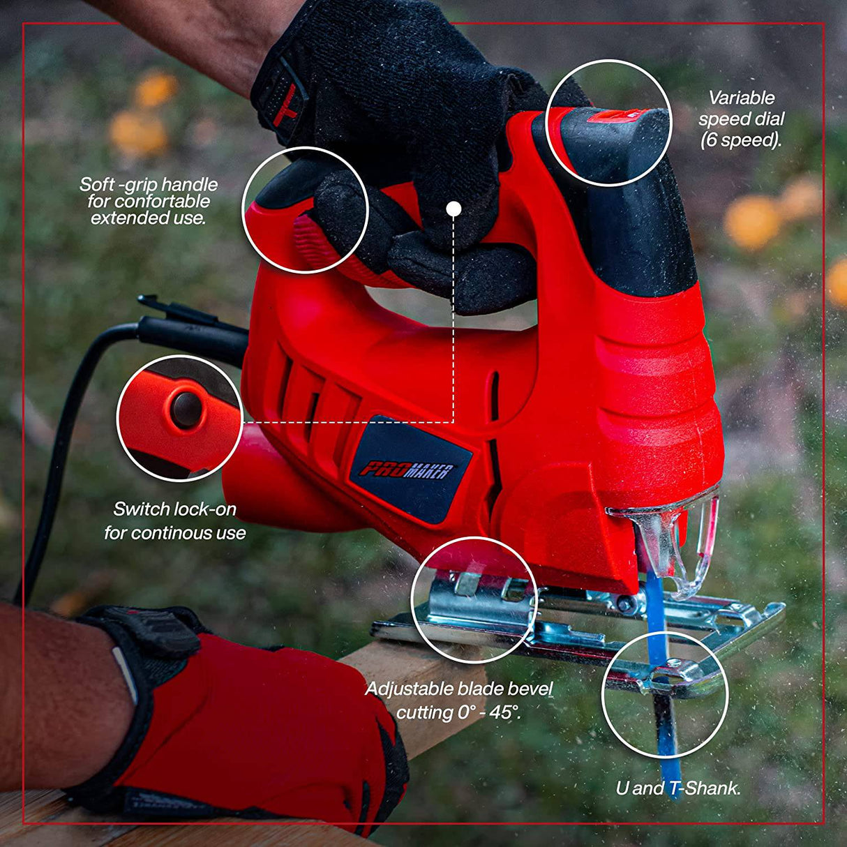 Promaker Sierra caladora, 3,5 Amp 400 W, cortadora de madera con 6 velocidades variables, corte biselado de hoja ajustable de 0 a 45º, sierra de vaivén con cable, profundidad de corte: 55 m para madera y 6 mm para metal. 800-3000 SPM, Promaker PRO-SC400 - DIGVICE MX