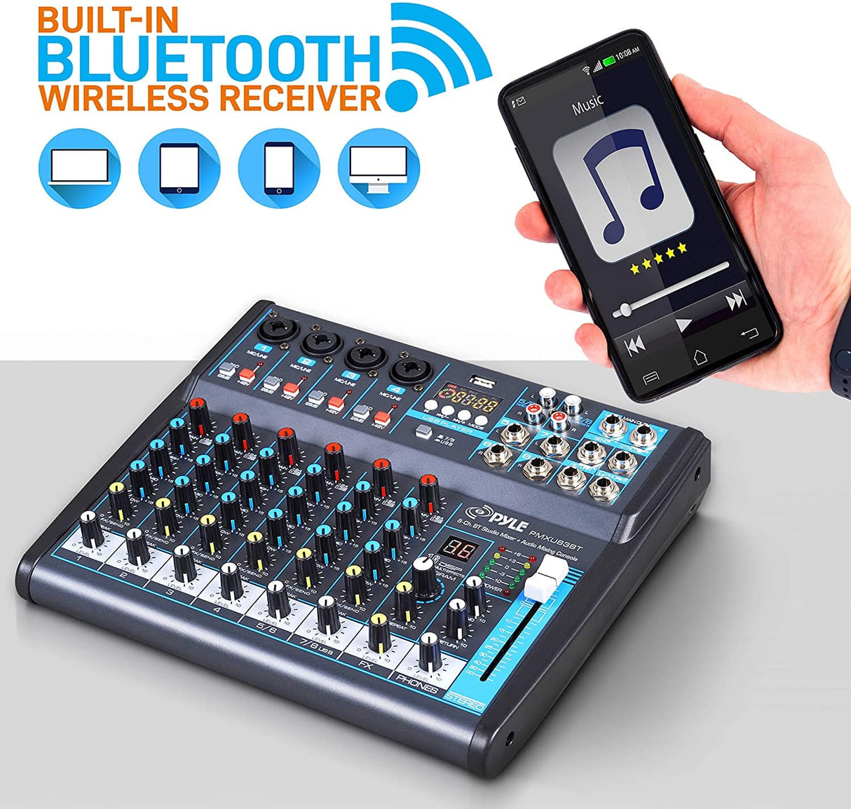 Pyle - Mezclador de audio profesional Placa de sonido Consola Interfaz 8 canales Digital USB Bluetooth MP3 Entrada de computadora 48V Phantom Power Estéreo DJ Studio FX 16Bit DSP Procesador PMXU83BT