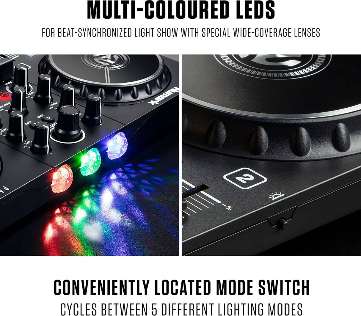 Numark Party Mix II - Controlador de DJ con luces de fiesta, set de DJ con 2 decks, mezclador de DJ, interfaz de audio y conectividad USB + Serato DJ Lite