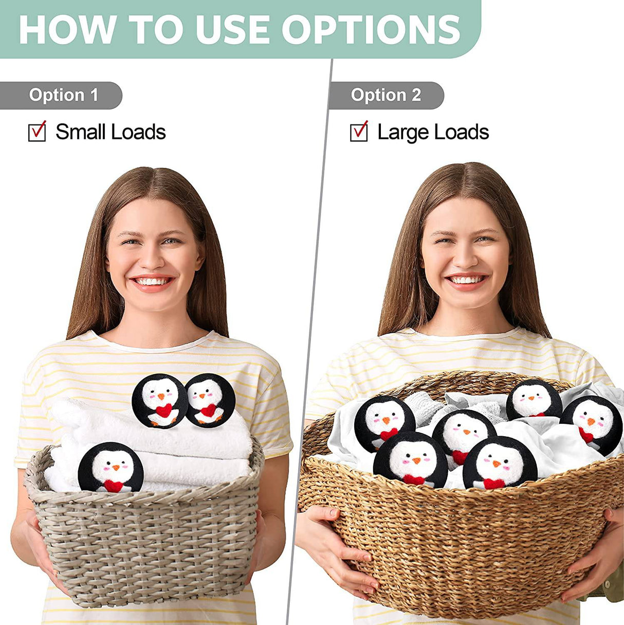 Calindiana - Bolas para secadora de lana de Nueva Zelanda 100% orgánicas de primera calidad, suavizante de tela reutilizable para la colada, bonita alternativa a las hojas de secadora, antiestático, tamaño XL, paquete de 6, pingüino negro - DIGVICE MX