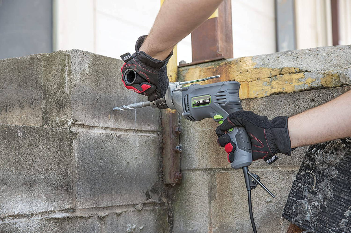 Genesis GHD1275 Taladro de martillo reversible de velocidad variable de 7,5 amperios con llave de mandril ajustable, mango de control lateral, botón de bloqueo, mango auxiliar de 360° y medidor de profundidad - DIGVICE MX