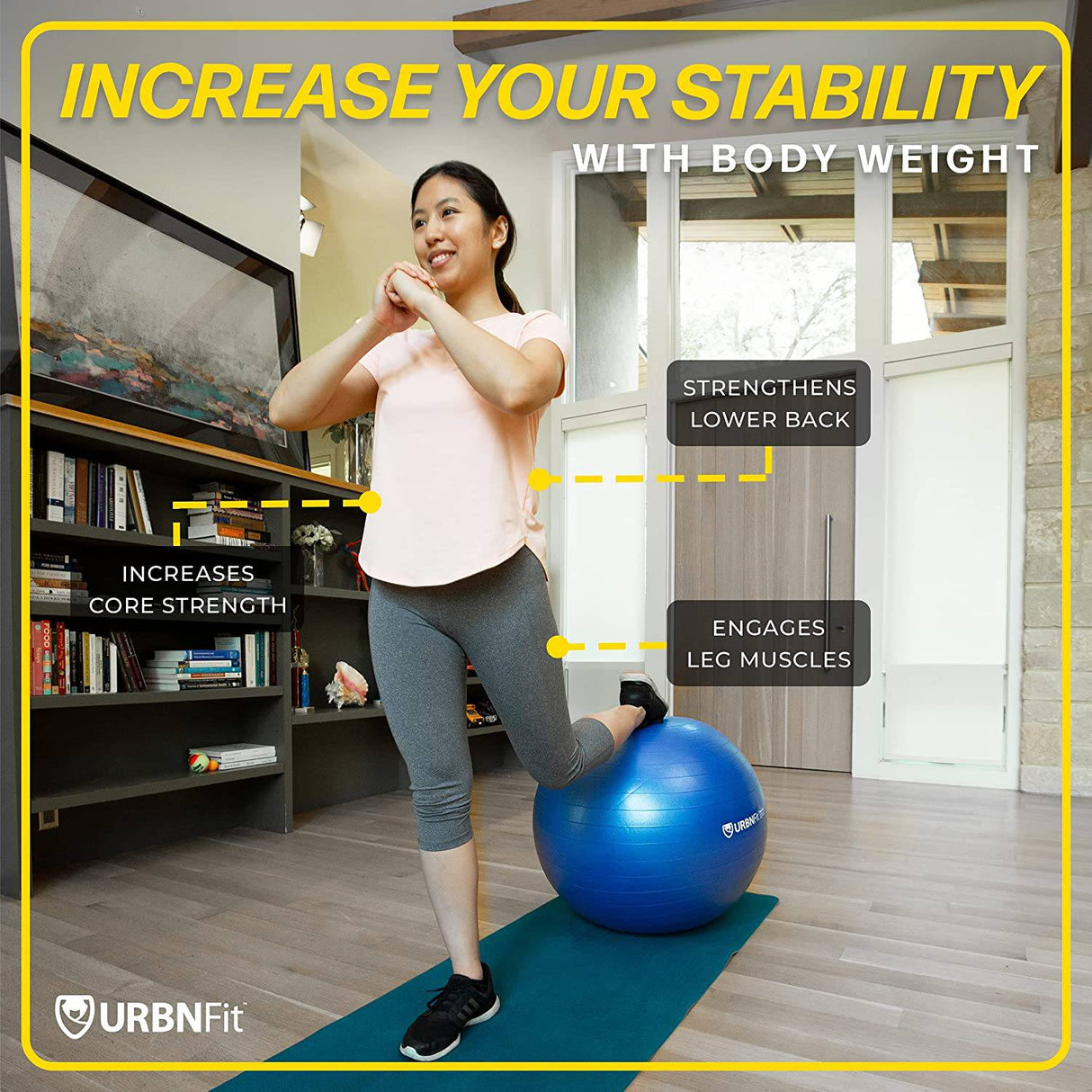 URBNFit - Pelota de ejercicio - Pelota de yoga para entrenamiento, estabilidad en el embarazo - Pelota de equilibrio suiza AntiBurst con bomba - Silla de pelota de fitness para oficina, gimnasio en casa