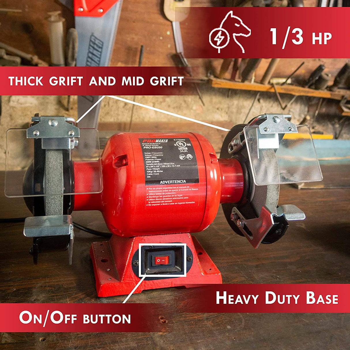 Amoladora de banco de 6 pulgadas PROMAKER 3400 RPM, 2.1AMP, 1/3 HP, amoladoras de banco eléctricas con dos protectores para los ojos y dos ruedas (grano grueso y grano medio). Amoladora de banco con soporte 2.1AMP PRO-EB250 - DIGVICE MX