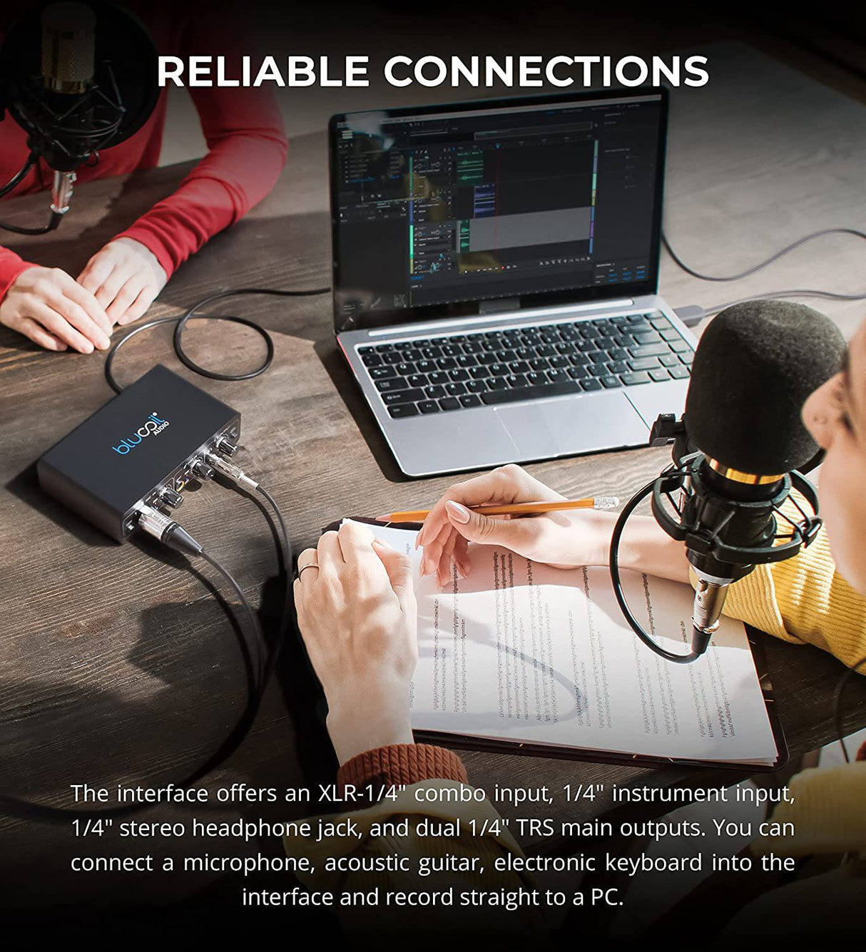 Blucoil - Interfaz de audio USB portátil con alimentación fantasma de 48 V, alimentación de bus USB, monitoreo directo de baja latencia para grabación de estudio en casa, transmisión, juegos y podcasting en Windows y Mac