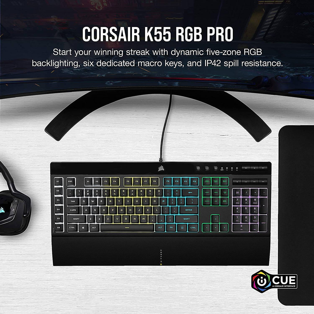 CORSAIR K55 RGB PRO-Dynamic RGB Retroiluminación - Seis teclas macro con integración de software Elgato Stream Deck - IP42 resistente al polvo y derrames - Reposamanos desmontable - Teclas de volumen y medios dedicados, negro