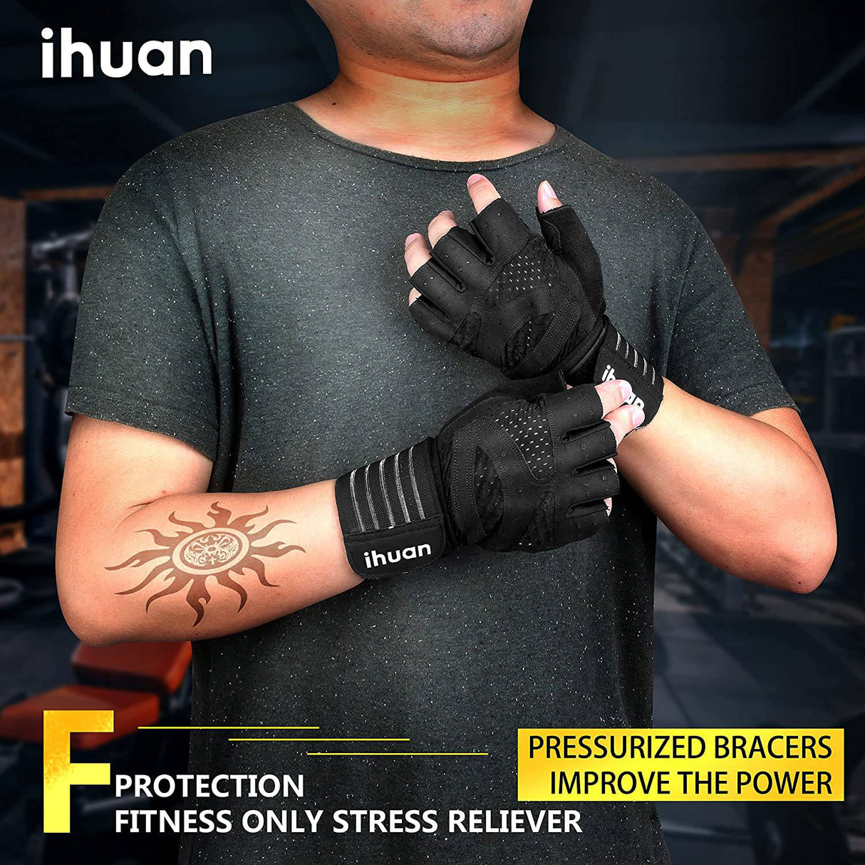 ihuan - Guantes ventilados para levantamiento de pesas, gimnasio, entrenamiento, con muñequera, para hombres y mujeres