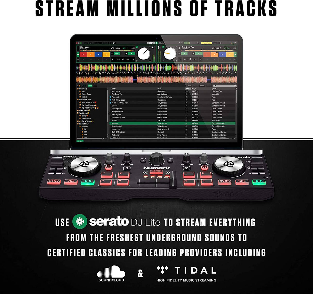Numark DJ2GO2 Touch - Controlador de DJ USB compacto de 2 decks para Serato DJ con mezclador/crossfader, interfaz de audio y jog wheels táctiles capacitivos