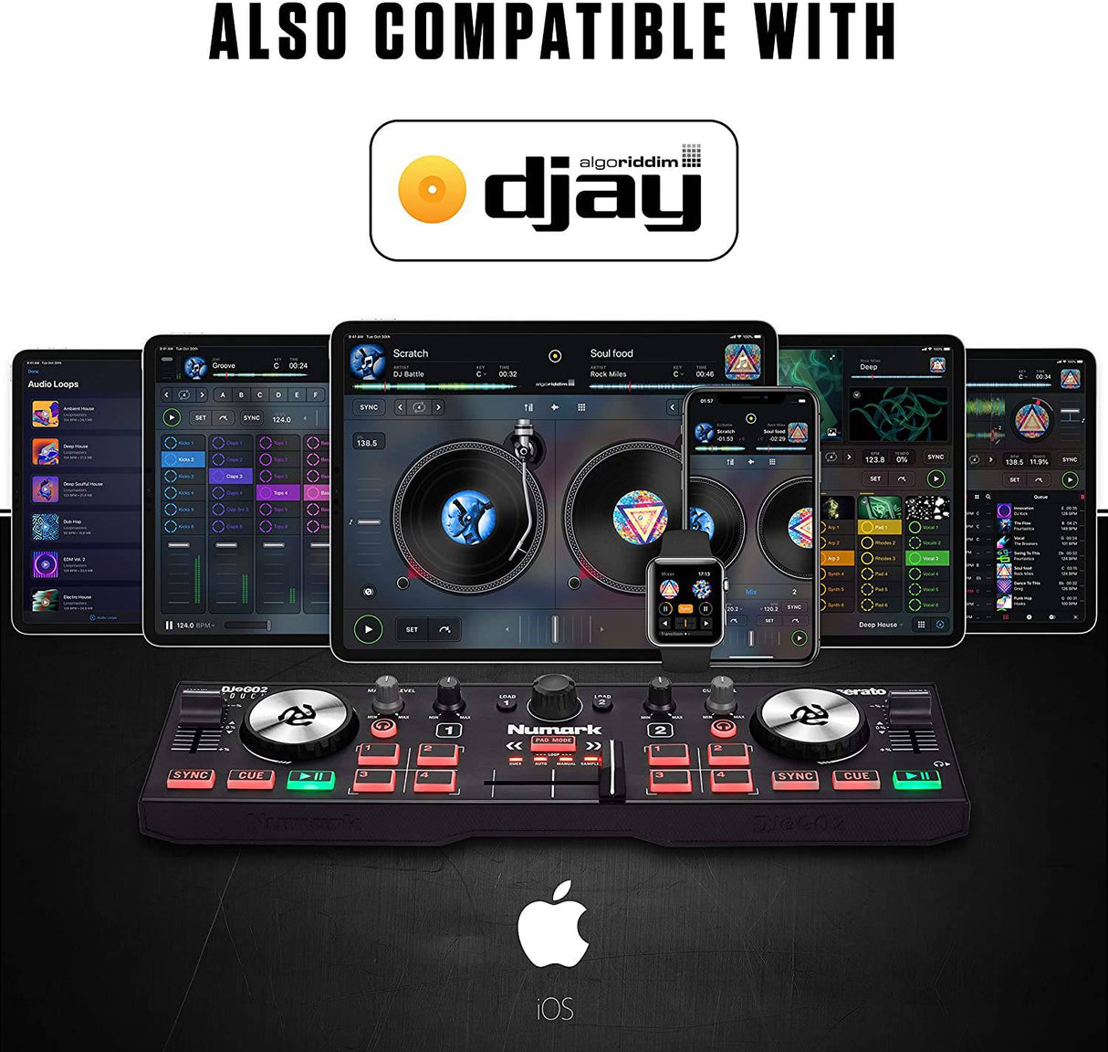 Numark DJ2GO2 Touch - Controlador de DJ USB compacto de 2 decks para Serato DJ con mezclador/crossfader, interfaz de audio y jog wheels táctiles capacitivos