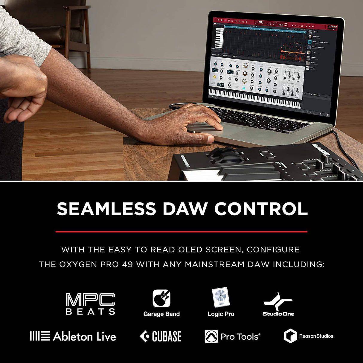 M-Audio Oxygen Pro 49 - Controlador de teclado MIDI USB de 49 teclas con Beat Pads, perillas asignables MIDI, botones y faders y paquete de software incluido