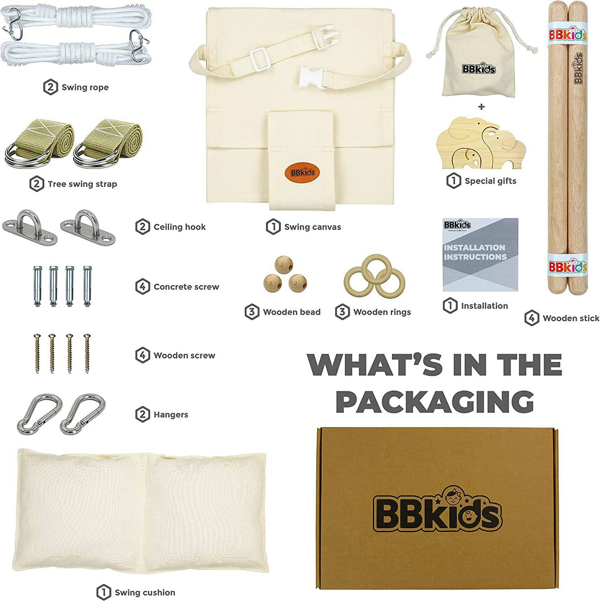 Columpio para bebé BBkids para exteriores e interiores, columpio colgante de lona para bebé, columpio para árbol de bebé para niños pequeños, madera de haya no mohosa, no maliciosa, juego completo de tornillos de techo (crema) - DIGVICE MX