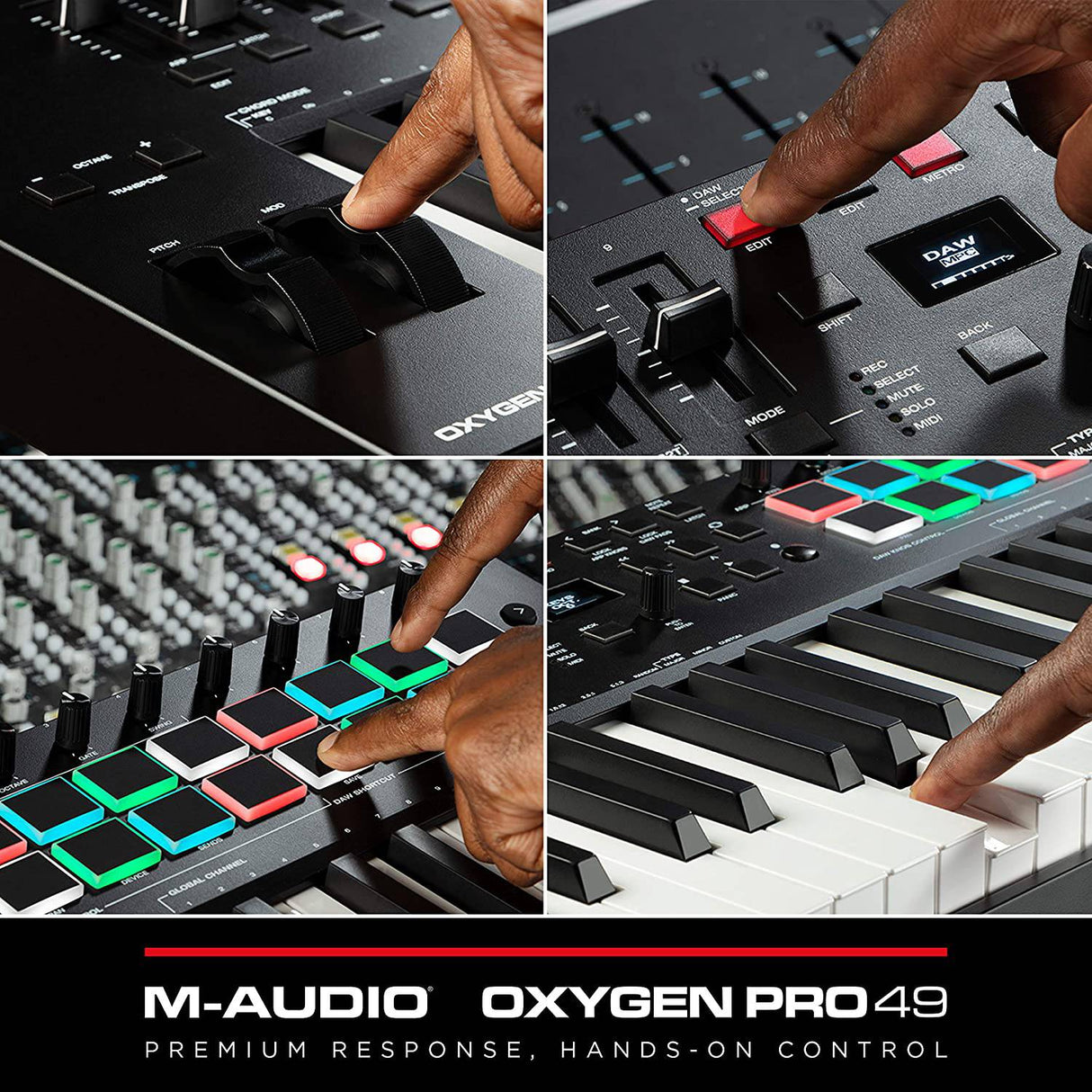 M-Audio Oxygen Pro 49 - Controlador de teclado MIDI USB de 49 teclas con Beat Pads, perillas asignables MIDI, botones y faders y paquete de software incluido