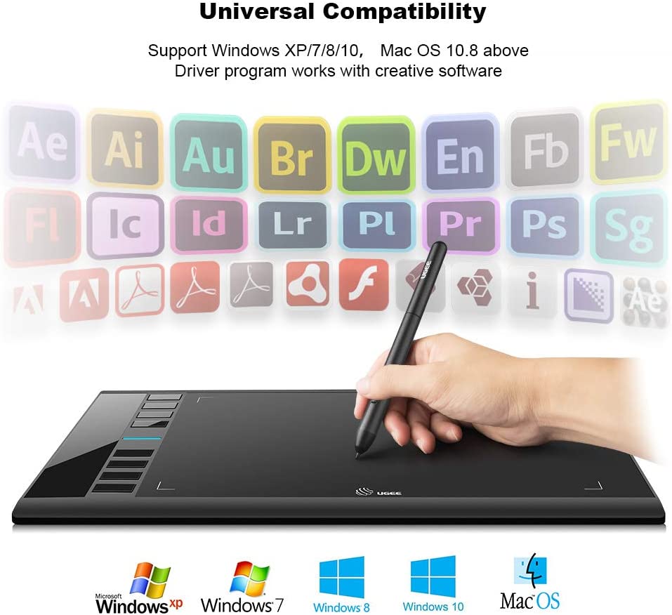 Tableta de dibujo gráfico, tableta digital 3D Ugee M708 de 10 x 6 pulgadas con bolígrafo de inclinación sin batería de 8192 niveles, 8 teclas de acceso rápido, arte, diseño, tableta de creación para PC con Windows 11/10/8/7, Mac OS 10.10 o superior