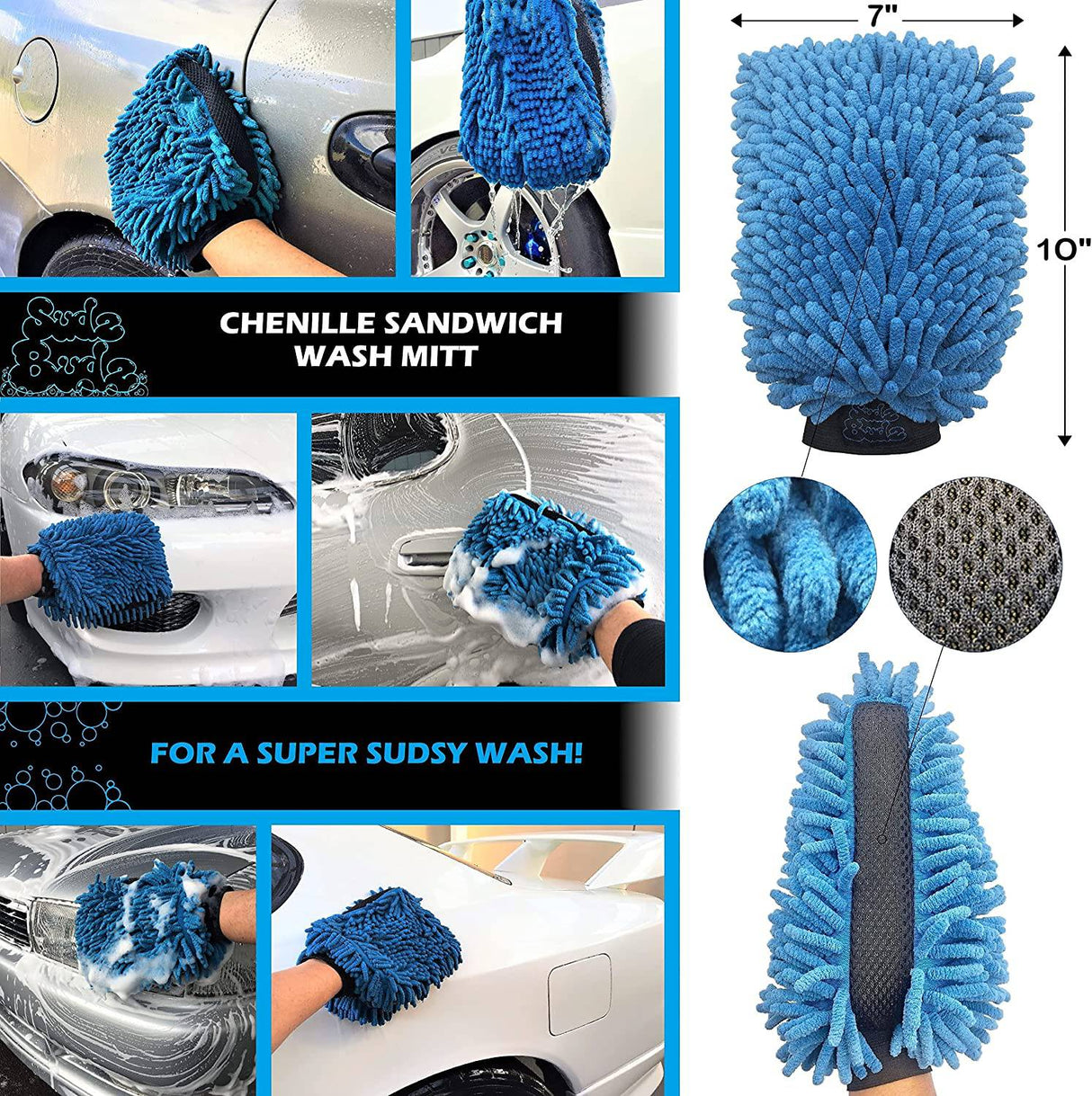 Sudz Budz Premium Kit de lavado de autos de microfibra 8 piezas | Manoplas multiusos para lavado de autos, juego de toallas de microfibra, cepillo para ruedas, juego de cepillos para detalles de autos
