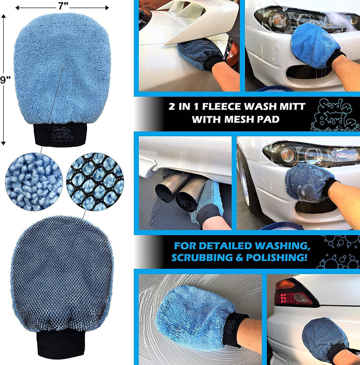 Sudz Budz Premium Kit de lavado de autos de microfibra 8 piezas | Manoplas multiusos para lavado de autos, juego de toallas de microfibra, cepillo para ruedas, juego de cepillos para detalles de autos