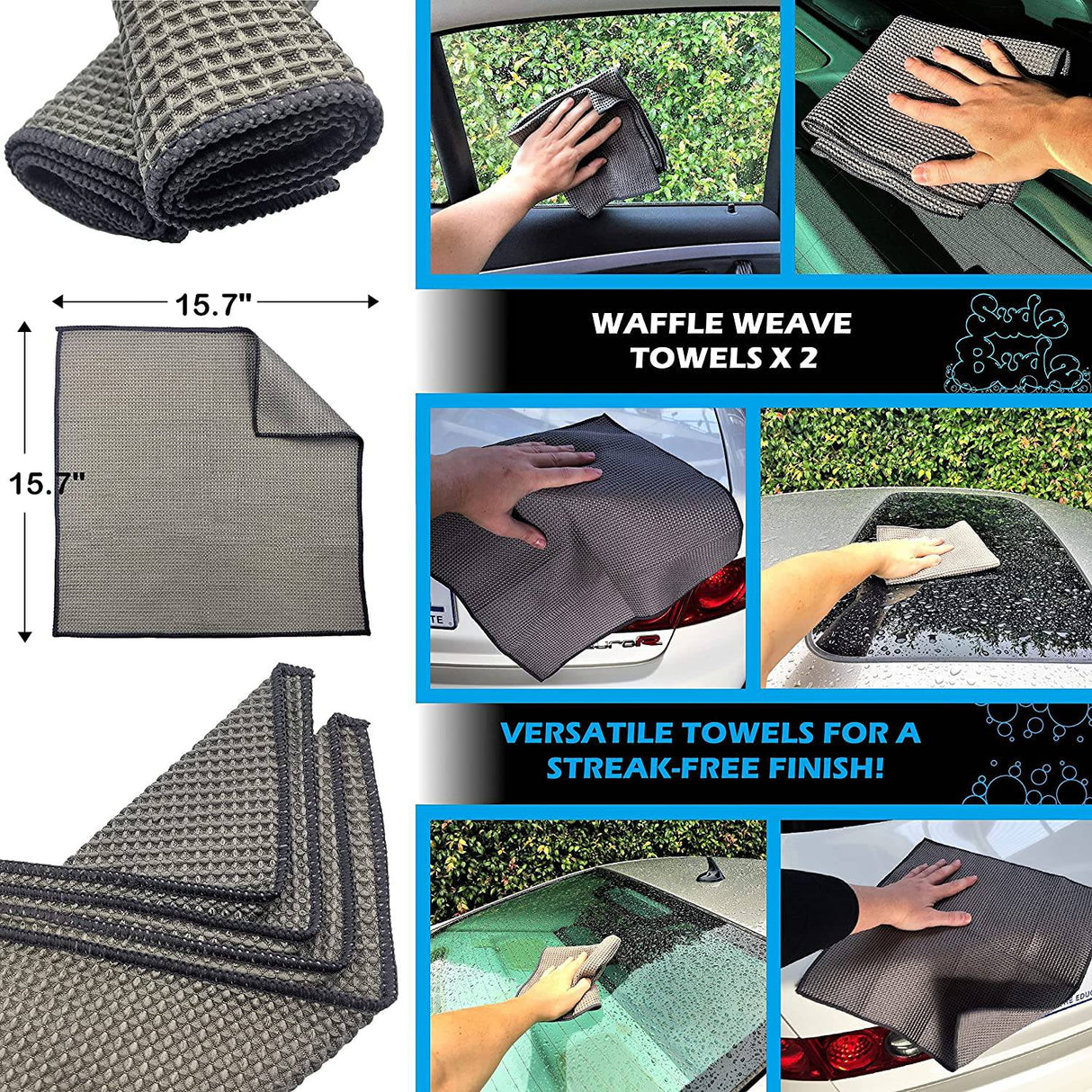 Sudz Budz Premium Kit de lavado de autos de microfibra 8 piezas | Manoplas multiusos para lavado de autos, juego de toallas de microfibra, cepillo para ruedas, juego de cepillos para detalles de autos