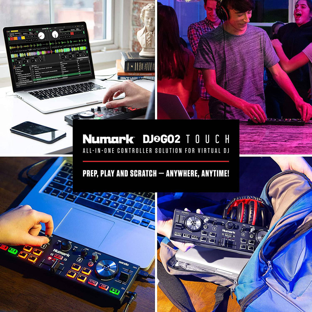 Numark DJ2GO2 Touch - Controlador de DJ USB compacto de 2 decks para Serato DJ con mezclador/crossfader, interfaz de audio y jog wheels táctiles capacitivos