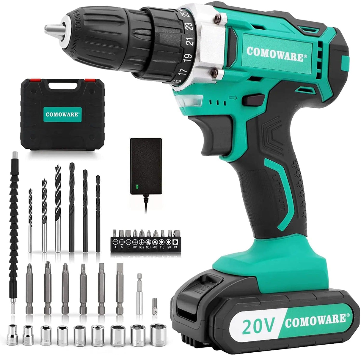COMOWARE Taladro inalámbrico de 20 V, juego de brocas eléctricas con 1 batería y cargador, portabrocas sin llave de 3/8 pulgadas, 2 velocidades variables, par de torsión de 266 en libras, posición 17+1 y 34 brocas de taladro/conductor - DIGVICE MX