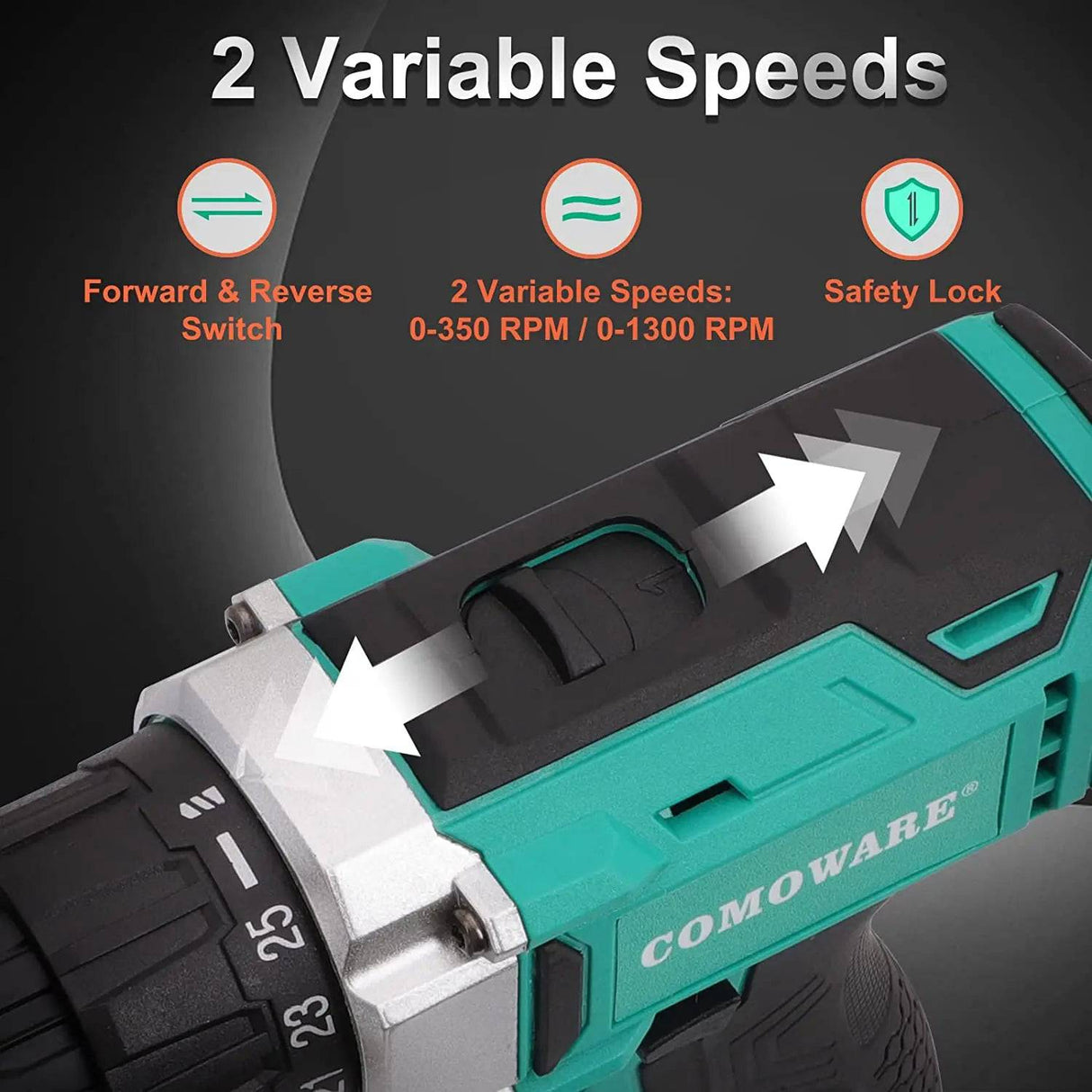 COMOWARE Taladro inalámbrico de 20 V, juego de brocas eléctricas con 1 batería y cargador, portabrocas sin llave de 3/8 pulgadas, 2 velocidades variables, par de torsión de 266 en libras, posición 17+1 y 34 brocas de taladro/conductor - DIGVICE MX