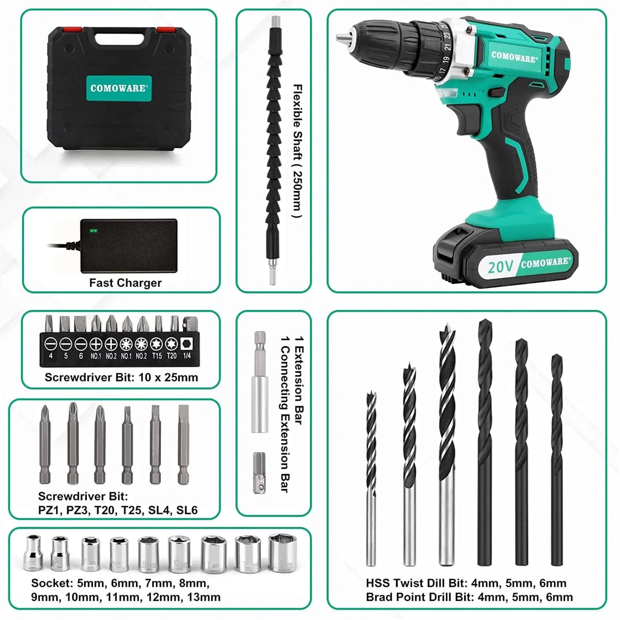 COMOWARE Taladro inalámbrico de 20 V, juego de brocas eléctricas con 1 batería y cargador, portabrocas sin llave de 3/8 pulgadas, 2 velocidades variables, par de torsión de 266 en libras, posición 17+1 y 34 brocas de taladro/conductor - DIGVICE MX