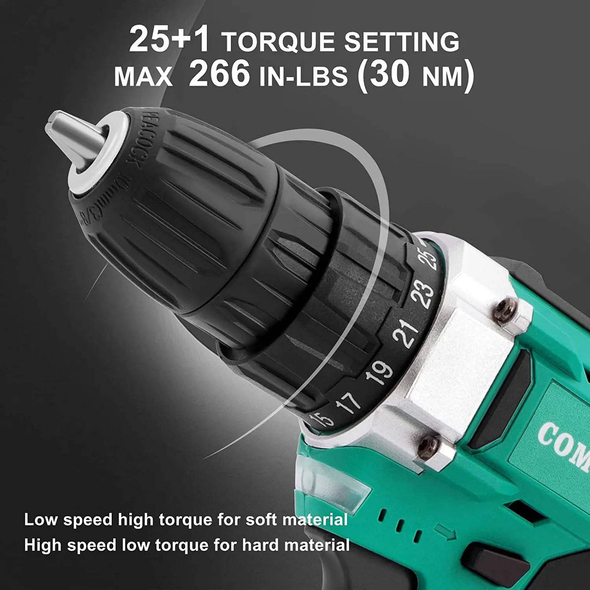 COMOWARE Taladro inalámbrico de 20 V, juego de brocas eléctricas con 1 batería y cargador, portabrocas sin llave de 3/8 pulgadas, 2 velocidades variables, par de torsión de 266 en libras, posición 17+1 y 34 brocas de taladro/conductor - DIGVICE MX