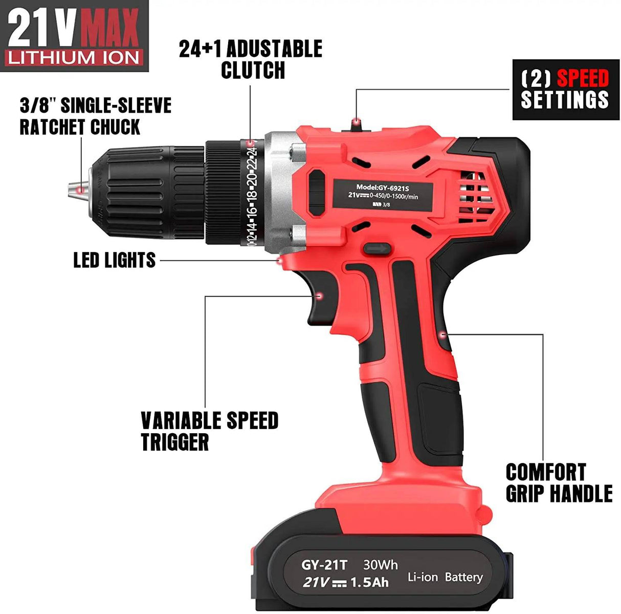 GardenJoy Juego de brocas eléctricas inalámbricas: Taladro eléctrico de 21 V con cargador rápido Portabrocas sin llave de 3/8 pulgadas, 2 velocidades variables 24+1 kit de herramientas eléctricas de ajuste de par y 25 brocas de taladro/destornillador - DIGVICE MX