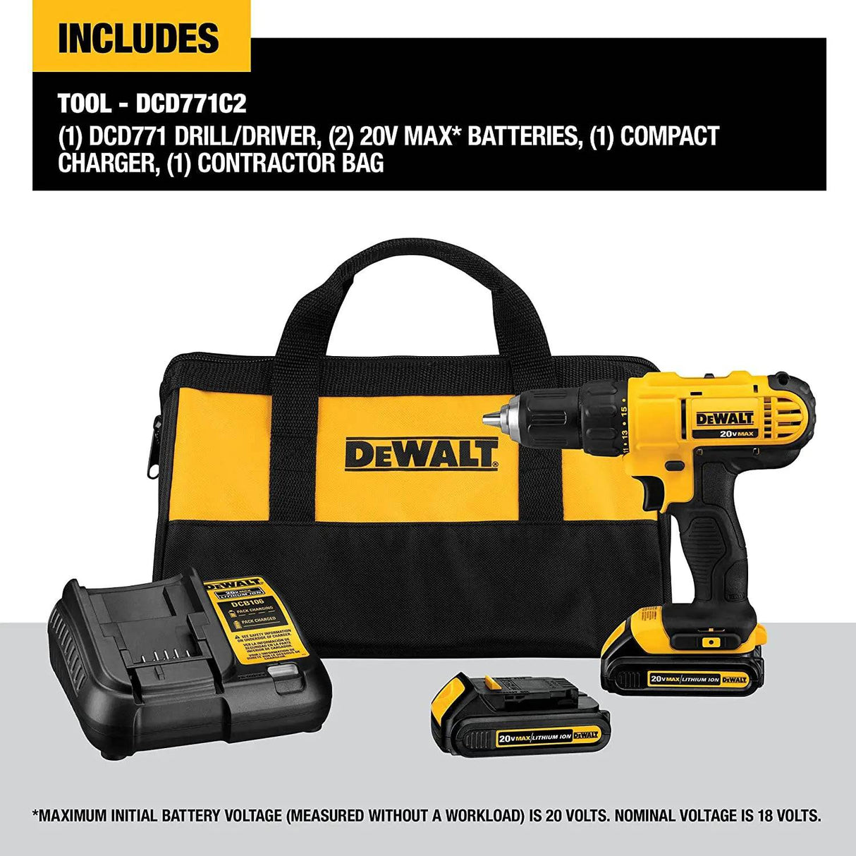 Juego de taladro compacto DeWalt DCD771C2 de 20 vatios, sin cables, de 12 pulgadas - DIGVICE MX