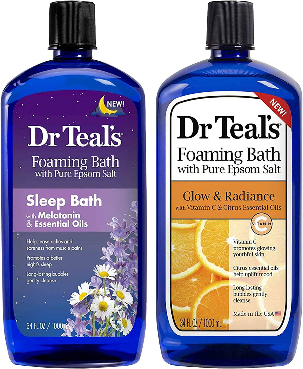 Dr Teal's Foaming Bath Combo Pack (68 fl oz en total), Melatonin Sleep Soak y Glow & Radiance con vitamina C y aceites esenciales cítricos