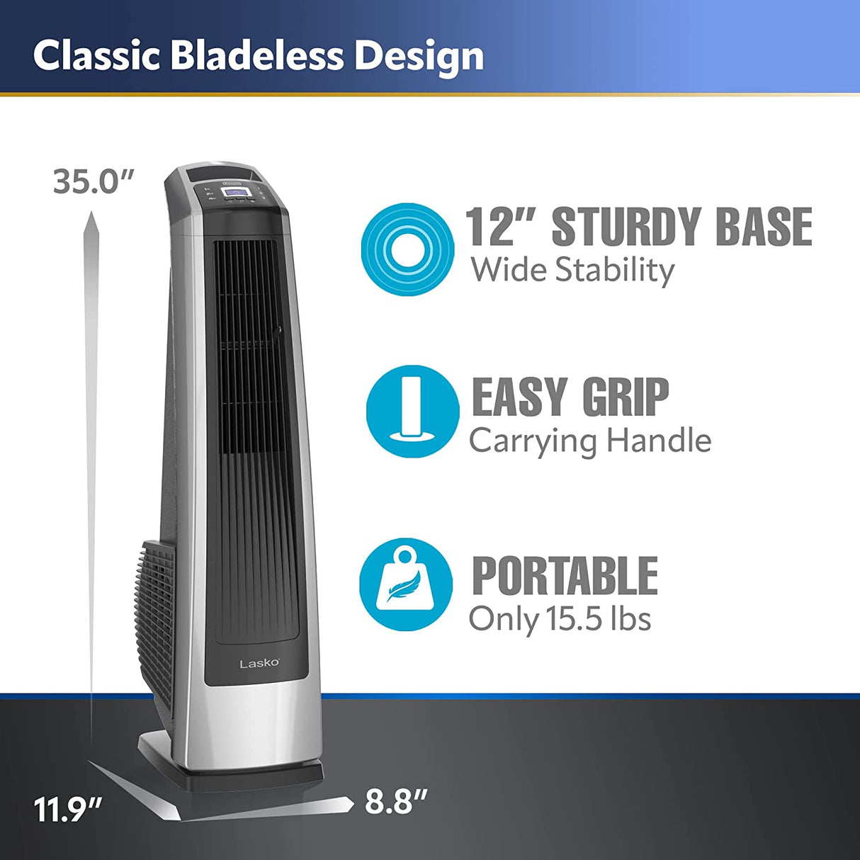 Ventilador de torre oscilante de alta velocidad Lasko, control remoto, temporizador, 3 velocidades potentes, para garaje, sótano y gimnasio, 35 pulgadas plateado y negro, U35115, grande
