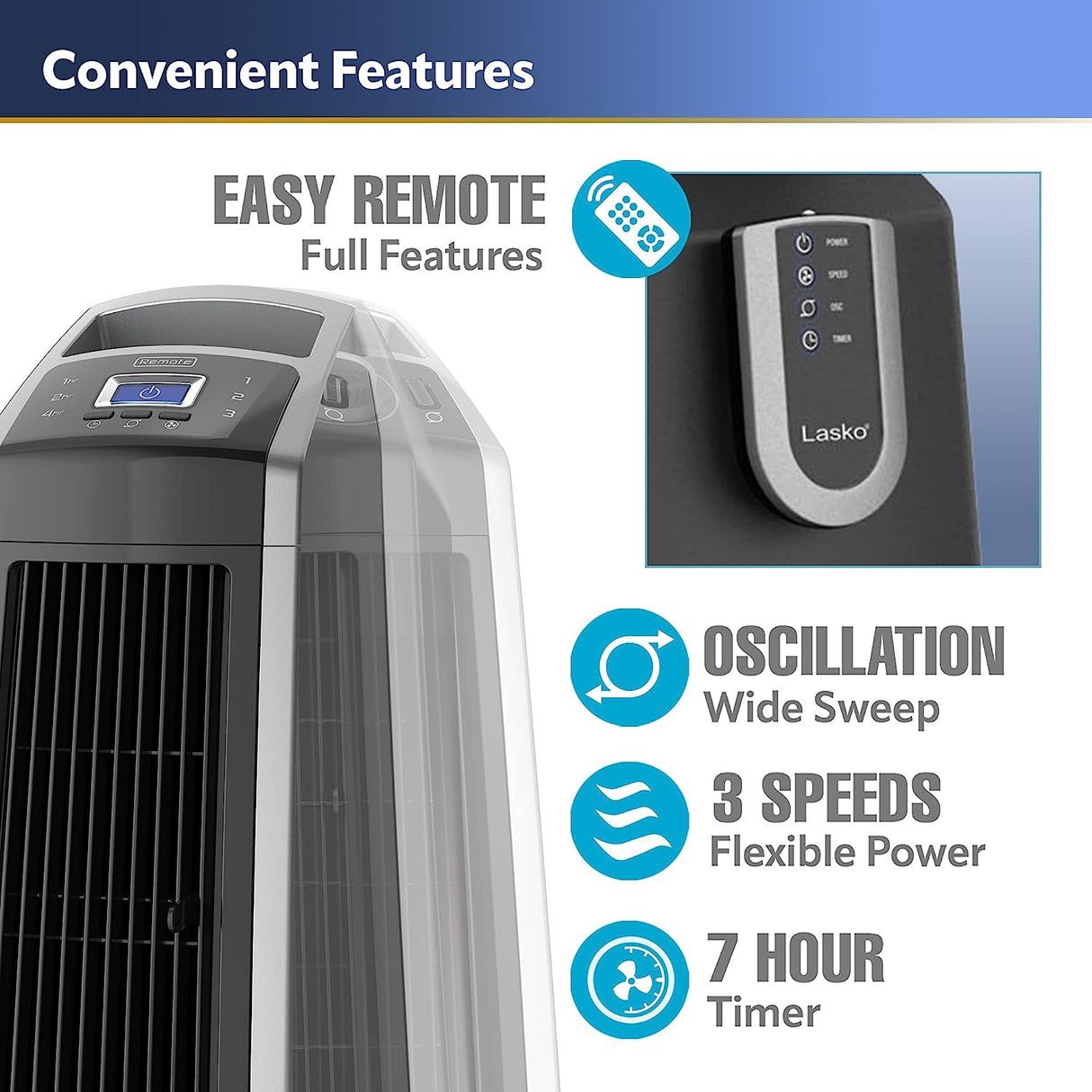 Ventilador de torre oscilante de alta velocidad Lasko, control remoto, temporizador, 3 velocidades potentes, para garaje, sótano y gimnasio, 35 pulgadas plateado y negro, U35115, grande