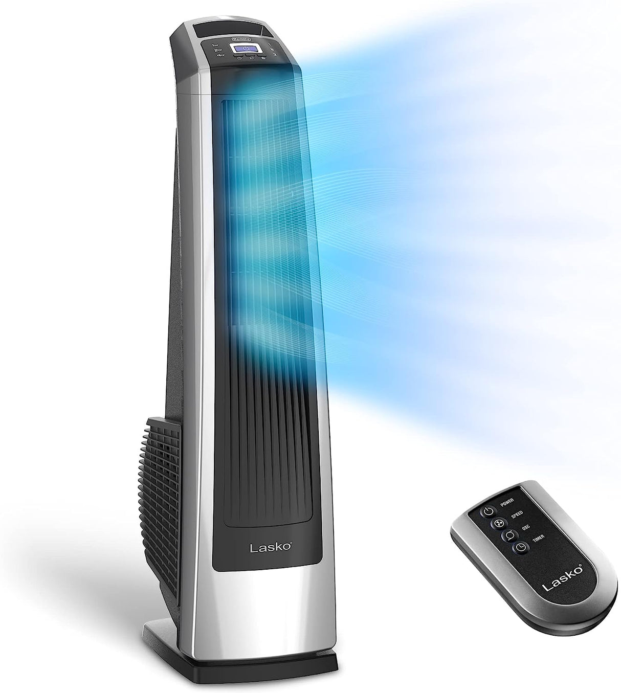 Ventilador de torre oscilante de alta velocidad Lasko, control remoto, temporizador, 3 velocidades potentes, para garaje, sótano y gimnasio, 35 pulgadas plateado y negro, U35115, grande