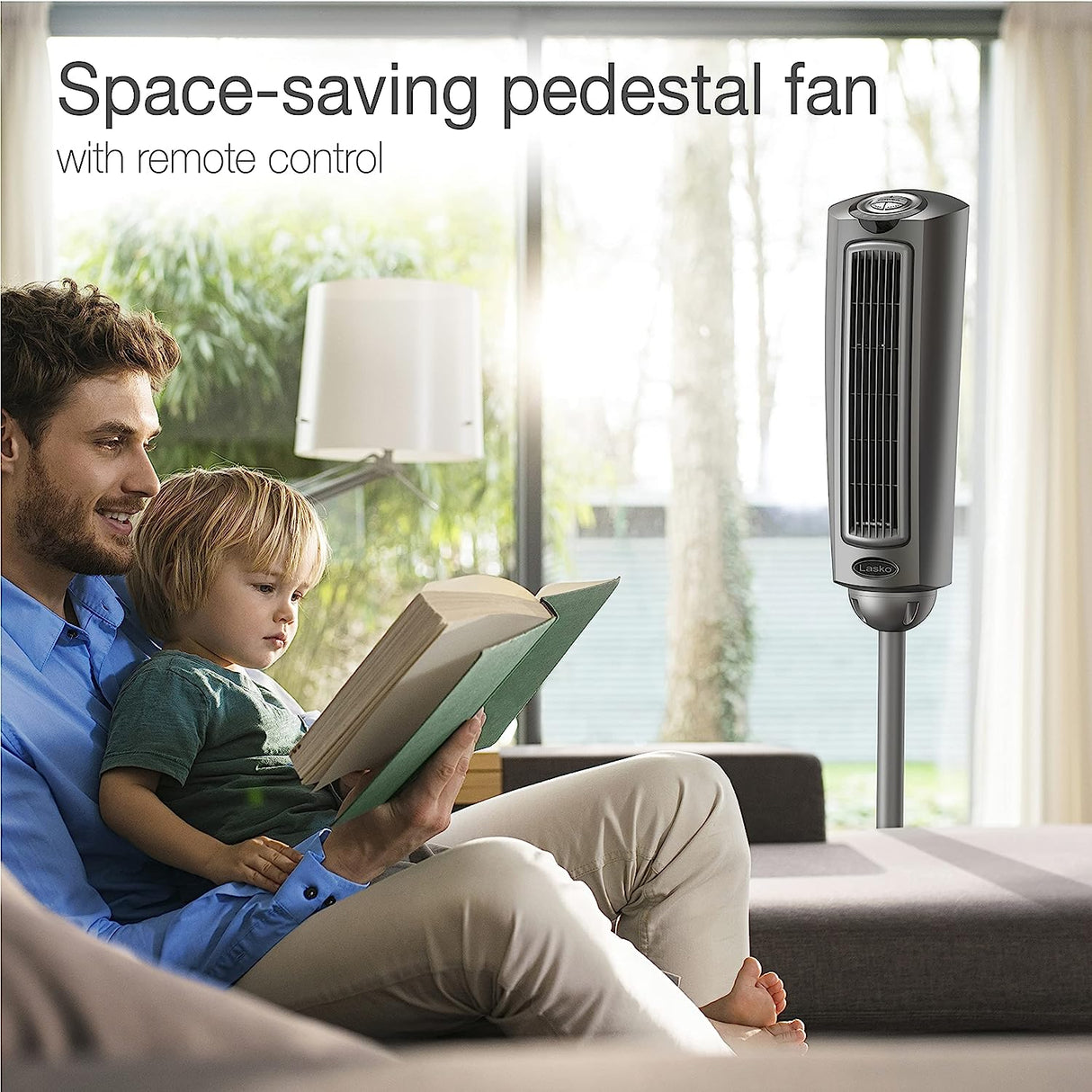 Ventilador de pedestal oscilante Lasko, altura ajustable, 3 velocidades silenciosas, temporizador, control remoto para dormitorio, sala de estar, oficina en casa y dormitorio universitario, 52 pulgadas, plateado y gris, 2535