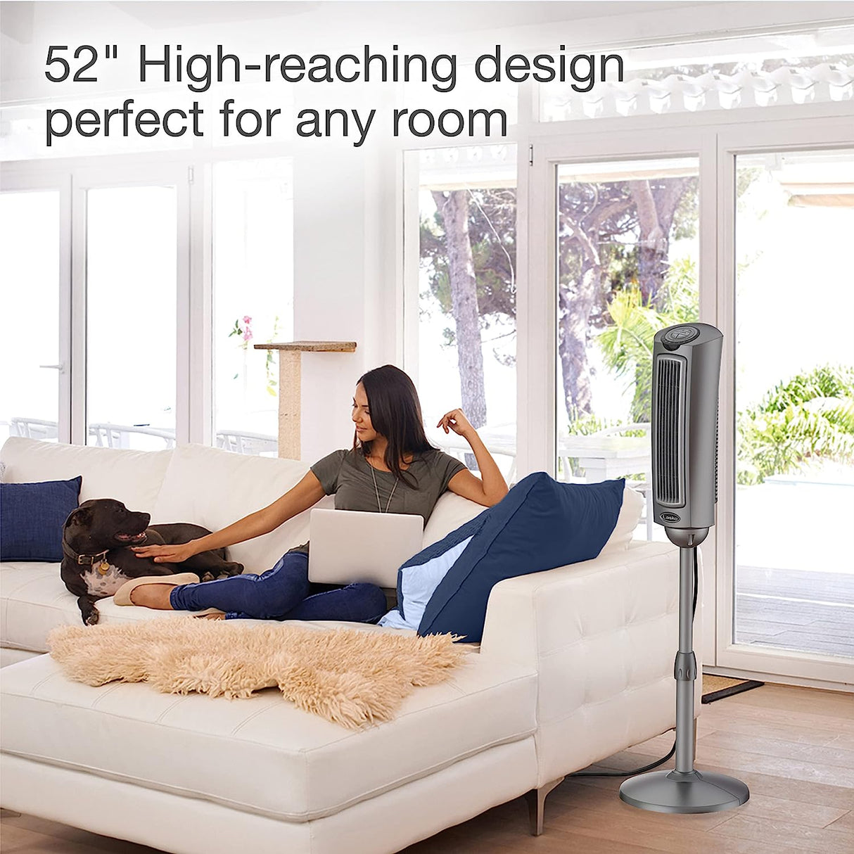 Ventilador de pedestal oscilante Lasko, altura ajustable, 3 velocidades silenciosas, temporizador, control remoto para dormitorio, sala de estar, oficina en casa y dormitorio universitario, 52 pulgadas, plateado y gris, 2535