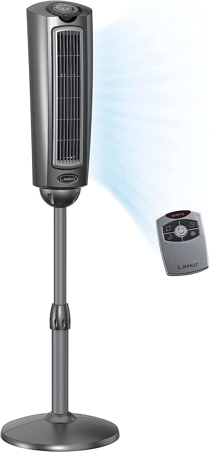 Ventilador de pedestal oscilante Lasko, altura ajustable, 3 velocidades silenciosas, temporizador, control remoto para dormitorio, sala de estar, oficina en casa y dormitorio universitario, 52 pulgadas, plateado y gris, 2535