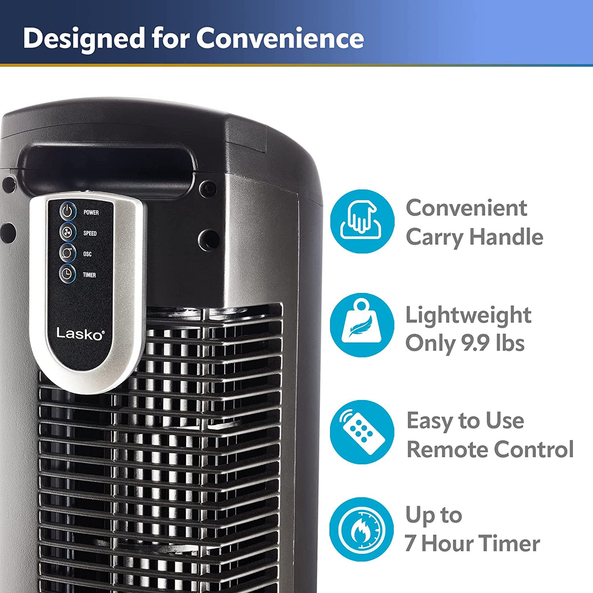 Ventilador de torre oscilante Lasko, 3 velocidades silenciosas, temporizador, control remoto, para dormitorio, cocina, oficina, 36 pulgadas, negro, 2511