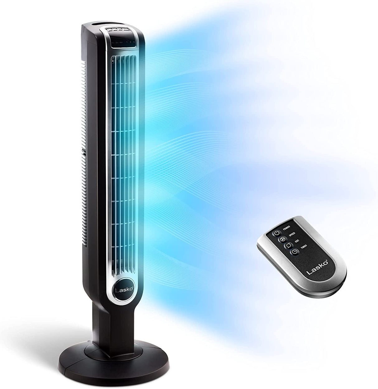 Ventilador de torre oscilante Lasko, 3 velocidades silenciosas, temporizador, control remoto, para dormitorio, cocina, oficina, 36 pulgadas, negro, 2511